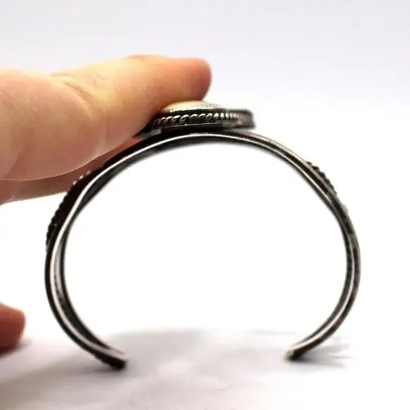 Albert Yazzie Sterling Silver Mother of Pearl with Turquoise Cabochon Cuff Brace - Picture 8 of 8